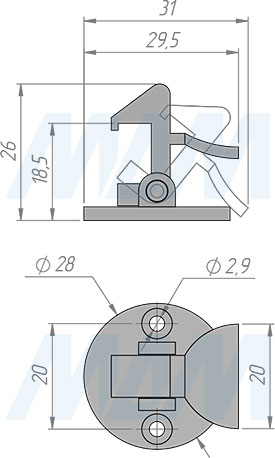 Размеры мебельного шпингалета с автоматическим закрыванием (артикул 1901-01)