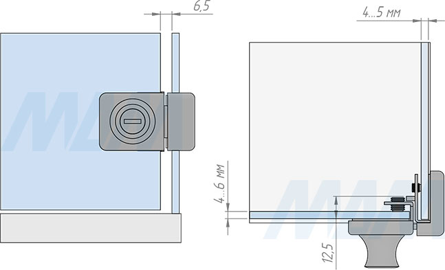 Установка выдвижного замка-ручки для 1-ой стеклянной двери и для стеклянной боковины, без сверления (артикул 407-3/5), схема 1