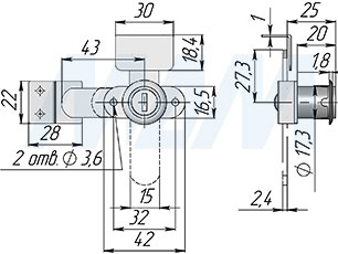 Размеры поворотного замка для 2-х дверей (артикул 505-14)