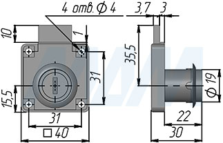 Размеры выдвижного замка для 1-ой двери с 1 оборотом (артикул 507-11)