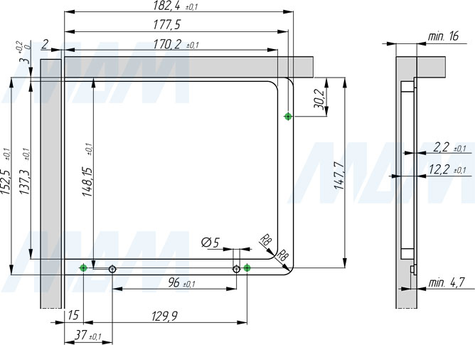 Врезной монтаж подъемного механизма KINVARO T-SLIM от GRASS для деревянных фасадов (артикул TS1511490), чертеж 2