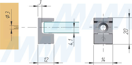Размеры для установки полкодержателя KRISTAL под саморез для стеклянных полок толщиной 8 мм (артикул 1 61140 10)