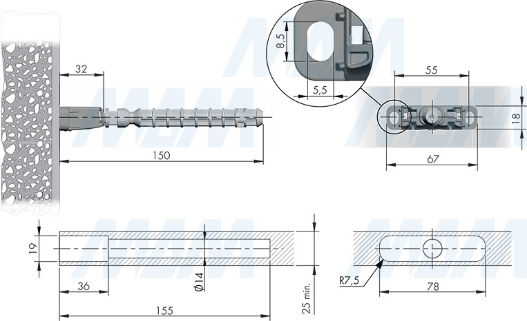 Размеры и установка скрытого менсолодержателя TRIADE PRO MINI для деревянных полок толщиной от 25 мм (артикул 1623001000)