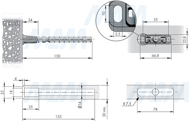 Размеры и установка скрытого менсолодержателя TRIADE PRO для деревянных полок толщиной от 30 мм (артикул 1623002000)