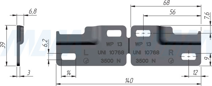 Размеры планки LIBRA WP13 для навесов для корпусов нижнего яруса (артикул 63450180ZN)