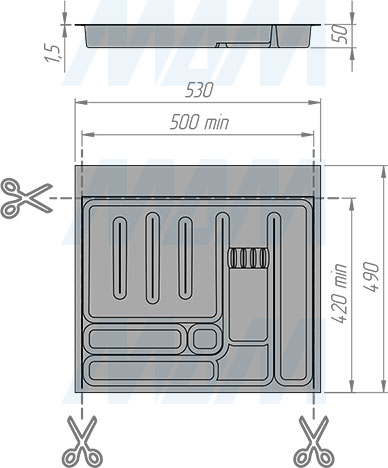 Размеры кухонного лотка UPPO для столовых приборов для мебельного ящика  с фасадом 600 мм (артикул R160SC9740)