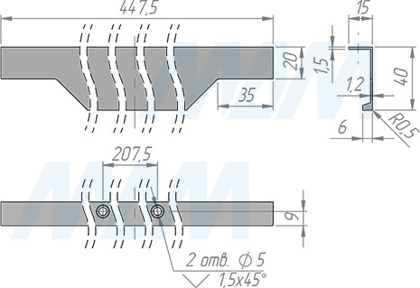 Размеры профиль-ручки с креплением на саморезы для фасада шириной 450 мм (артикул 25.450)