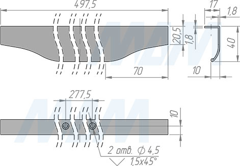 Размеры профиль-ручки с креплением на саморезы для фасада шириной 500 мм (артикул 26.500)