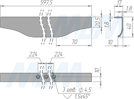 Размеры профиль-ручки с креплением на саморезы для фасада шириной 600 мм (артикул 26.600)
