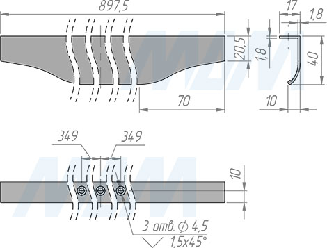 Размеры профиль-ручки с креплением на саморезы для фасада шириной 900 мм (артикул 26.900)