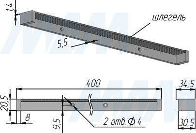 Размеры заглушки EXIT кабель-канала для навесных корпусов, 400х35 мм (артикул 2090.906.0400)