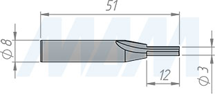 Размеры концевой пазовой фрезы D=3 мм, L=51 мм, B=11 мм, Z=2+1 (артикул C101.030.R)