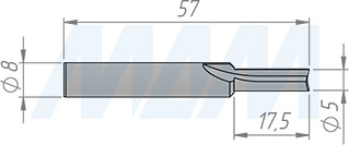 Размеры концевой пазовой фрезы D=5 мм, L=55 мм, B=16 мм, Z=2+1 (артикул C102.050.R)
