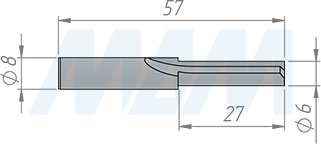 Размеры концевой пазовой фрезы D=6 мм, L=57 мм, B=25 мм, Z=2+1 (артикул C102.060.R)