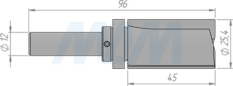 Размеры обгонной фрезы с верхним подшипником D=25,4 мм, L=95 мм, B=45 мм (артикул E130.254.R)
