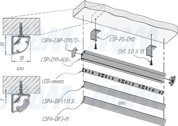 Установка углового профиля СМ1 17X17 мм для светодиодной ленты (артикул LSP-CM1-ALU)