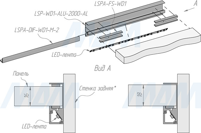 Устанвока накладного профиля WD1 для светодиодной ленты для торцевой подсветки деревянной полки, 35х12 мм (артикул LSP-WD1-ALU)