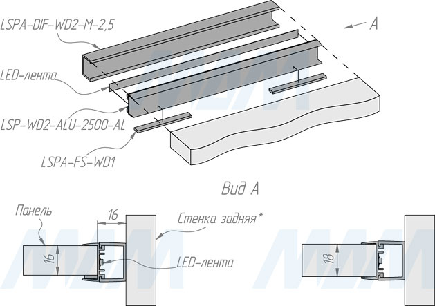 Установка накладного профиля WD2 для светодиодной ленты для торцевой подсветки деревянной полки, 12х21 мм (артикул LSP-WD2-ALU)