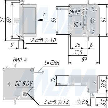 Размеры выдвижного электронного RFID замка INVISIBLE для 2-х раздвижных дверей (артикул SDCW-SL-125BK)