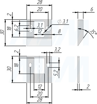 Размеры ответной планки для выдвижного электронного RFID замка INVISIBLE для 2-х раздвижных дверей (артикул SDCW-SL-125BK)