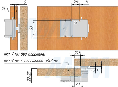Монтаж выдвижного электронного RFID замка INVISIBLE для 2-х раздвижных дверей для фасадов 22-25 мм (артикул SDCW-SL-125BK), схема 1